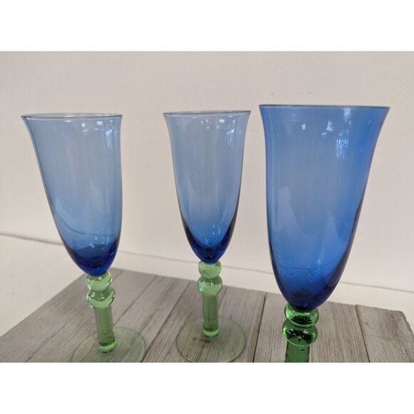 French Style Set of 3 Wine Drinking Glasses 8 5/8" Tall Blue Green Stem - Picture 4 of 9